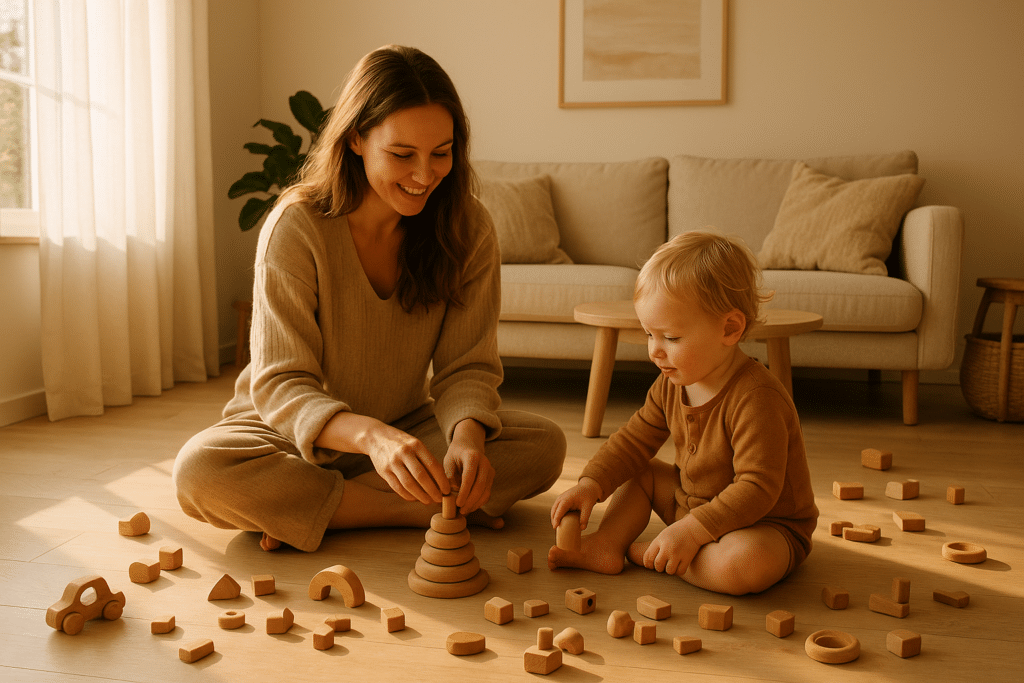Madre y niño jugando tranquilamente en casa, filosofía slow parenting