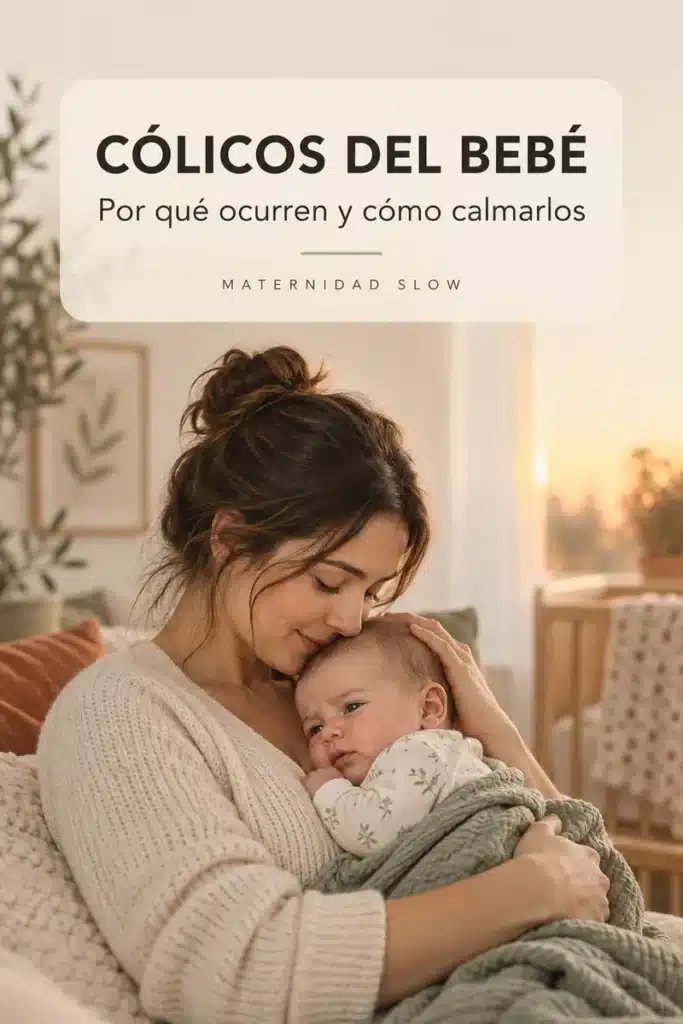 Madre calmando a su bebé con cólicos en un ambiente tranquilo
